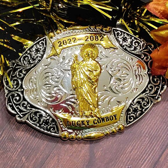 Western Buckle St.Jude San Judas Gold Silver Cowboy Buckle  Saint jude San Judas Western belt Buckle Gold Silver Heavy gold silver